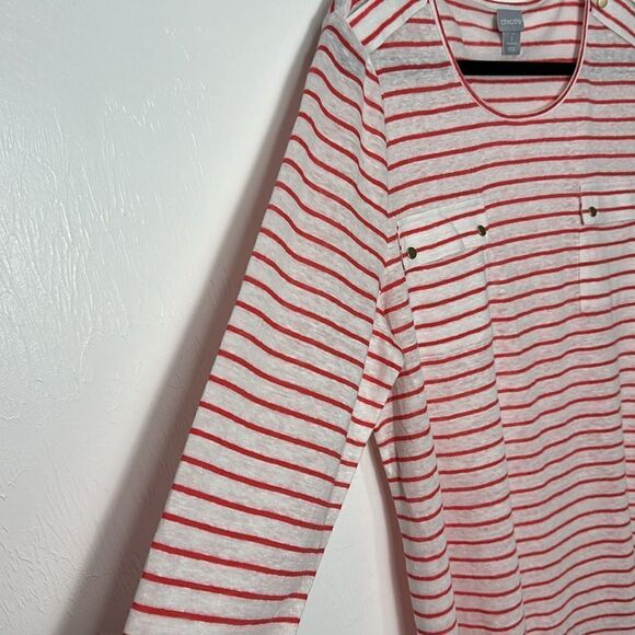 Chico’s Striped Knit Linen Pocket 3/4 Sleeve Tee Blouse Size XL - Picture 3 of 10